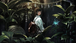 Rule 34 | 1girl, akdove, text background, backpack, bag, black hair, blue eyes, brown bag, camera, highres, leaf, light particles, light rays, looking at viewer, medium hair, nature, original, outdoors, plant, scenery, shirt, silk, solo, spider web, standing, straight hair, sunbeam, sunlight, translation request, white shirt, wide shot