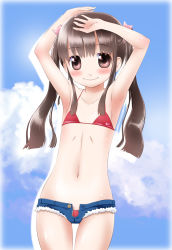 Rule 34 | 1girl, armpits, arms up, bad id, bad pixiv id, bare shoulders, bikini, brown eyes, brown hair, cloud, day, denim, denim shorts, flat chest, highres, long hair, looking at viewer, md5 mismatch, navel, noto (soranoto), original, revision, short shorts, shorts, sky, smile, solo, swimsuit, thigh gap, thighs, twintails