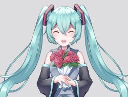 Rule 34 | 1girl, blue hair, blush, bouquet, closed eyes, commentary, detached sleeves, fingernails, flower, hatsune miku, highres, holding, holding bouquet, holding flower, long fingernails, long hair, long sleeves, nail polish, open mouth, rose, shirone (pixiv 77328927), shirt, sleeveless, sleeveless shirt, smile, solo, twintails, very long hair, vocaloid