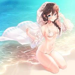 Rule 34 | 1girl, ahoge, alternate costume, bare shoulders, beach, bikini, blue eyes, blush, braid, breasts, brown hair, collarbone, commentary request, day, hair between eyes, hair flaps, hair ornament, hair over shoulder, hair ribbon, highres, hood, hood up, kantai collection, lips, long hair, looking at viewer, medium breasts, naoto (tulip), navel, ocean, outdoors, red ribbon, ribbon, seiza, shigure (kancolle), single braid, sitting, skindentation, smile, solo, swimsuit, water, white bikini