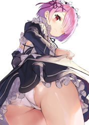 Rule 34 | 10s, 1girl, absurdres, ass, ass focus, blush, clothes lift, commentary request, detached sleeves, dress, dress lift, frills, from below, frown, gaou (umaiyo puyoman), hair ornament, hair over one eye, hairband, highres, looking at viewer, looking back, looking down, panties, pink hair, ram (re:zero), re:zero kara hajimeru isekai seikatsu, red eyes, short hair, simple background, solo, underwear, white background, white panties, x hair ornament