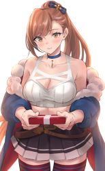 Rule 34 | 1girl, absurdres, bare shoulders, beatrix (granblue fantasy), belt, black skirt, blue jacket, blush, box, breasts, brown eyes, brown hair, choker, cleavage, closed mouth, collarbone, fur-trimmed jacket, fur trim, gift, gift box, granblue fantasy, highres, holding, holding gift, jacket, large breasts, long hair, long sleeves, looking at viewer, off shoulder, open clothes, open jacket, ponytail, red thighhighs, renzu (lens 02), simple background, skirt, solo, swept bangs, thighhighs, thighs, white background