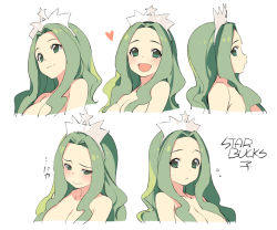 Rule 34 | 1girl, :&lt;, :d, breasts, character sheet, convenient censoring, female focus, green eyes, green hair, hair censor, hair over breasts, large breasts, long hair, multiple views, open mouth, popqn, simple background, smile, starbucks, starbucks siren, topless, wavy mouth, white background