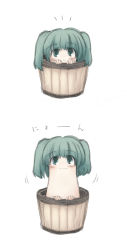 Rule 34 | 1girl, bucket, creepy, female focus, green eyes, green hair, horror (theme), in bucket, in container, kisume, nekoguruma, simple background, solo, touhou, twintails, what, white background