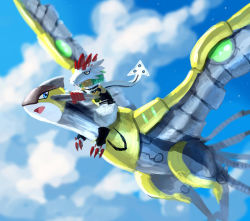 Rule 34 | claws, digimon, fang, flying, iguneetmon, mask, multiple tails, raptorsparrowmon, smile, tail