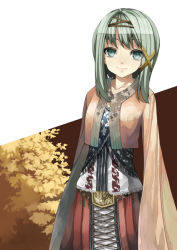 Rule 34 | 1girl, blush, closed mouth, cowboy shot, cropped jacket, cross-laced clothes, green eyes, green hair, hair ornament, hairclip, long sleeves, looking at viewer, matching hair/eyes, murata taichi, original, sidelocks, sleeves past wrists, smile, solo, standing, wide sleeves