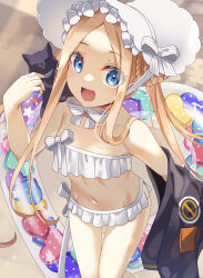 Rule 34 | 1girl, abigail williams (fate), abigail williams (swimsuit foreigner) (fate), abigail williams (swimsuit foreigner) (third ascension) (fate), bare shoulders, bikini, black cat, black jacket, blonde hair, blue eyes, blush, bonnet, bow, breasts, cat, fate/grand order, fate (series), forehead, hair bow, highres, innertube, jacket, long hair, looking at viewer, miniskirt, navel, open mouth, parted bangs, ryofuhiko, sidelocks, skirt, small breasts, smile, solo, swim ring, swimsuit, thighs, twintails, very long hair, white bikini, white bow, white headwear