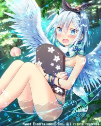 Rule 34 | + +, 1girl, angel wings, ass, black ribbon, blue eyes, blush, board, bracelet, cross, embarrassed, falkyrie no monshou, hairband, jewelry, looking at viewer, natsumekinoko, official art, open mouth, partially submerged, ribbon, short hair, silver hair, solo, sweatdrop, swimsuit, wings