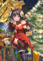 Rule 34 | 1girl, :d, asymmetrical clothes, belt, black belt, black hairband, black sleeves, black thighhighs, blue eyes, blue footwear, boots, breasts, brown hair, brown scarf, christmas tree, cleavage, detached sleeves, dress, floating hair, hairband, highres, holding, holding pen, knee boots, long hair, long sleeves, looking at viewer, medium breasts, merry christmas, mosta (lo1777789), night, open mouth, original, outdoors, pen, plaid, plaid scarf, red dress, ribbon, scarf, short dress, sleeveless, sleeveless dress, smile, solo, sparkle, star (symbol), thighhighs, very long hair, yellow ribbon
