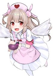 Rule 34 | &gt; &lt;, 1girl, :d, absurdres, apron, armband, bandaged arm, bandages, blush, collared shirt, detached wings, eggplant, fang, feathered wings, hair between eyes, hair ornament, hashiko nowoto, hat, heart, highres, light brown hair, long hair, natori sana, nurse cap, open mouth, pantyhose, pink apron, pink footwear, pink hat, pleated skirt, rabbit hair ornament, red eyes, sana channel, shirt, short sleeves, sidelocks, simple background, skirt, smile, solo, standing, standing on one leg, two side up, very long hair, virtual youtuber, white background, white pantyhose, white shirt, white skirt, white wings, wings