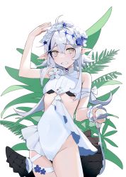 Rule 34 | 1girl, absurdres, ahoge, arknights, bandaged arm, bandages, bare shoulders, bs0, cameltoe, clothing cutout, covered navel, cowboy shot, crocodilian tail, flower, grey hair, groin, hair flower, hair ornament, hand up, highres, holding, holding hose, hose, hose nozzle, long hair, multicolored hair, open mouth, plant, pointy ears, raised eyebrows, sidelocks, simple background, solo, streaked hair, tail, tearing up, teeth, thigh strap, tomimi (arknights), tomimi (silent night) (arknights), wet, wet hair, white background, yellow eyes
