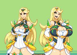 Rule 34 | blonde hair, breasts, bursting breasts, cameltoe, countmoxi, green background, hair ornament, mythra (xenoblade), one eye closed, smile, thighhighs, wide hips, wink, xenoblade chronicles (series), yellow eyes