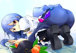 Rule 34 | 1girl, all fours, ass, bed, blue hair, boots, female focus, food, fruit, hat, unworn hat, unworn headwear, hinanawi tenshi, kotomuke fuurin, looking back, peach, red eyes, smile, solo, top-down bottom-up, touhou