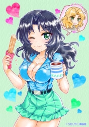Rule 34 | alternate eye color, aoshidan (emblem), aoshidan school uniform, artist name, belt, black belt, black hair, blonde hair, blue shirt, breasts, character name, churro, cinnamon stick, cleavage, closed mouth, coffee, coffee mug, collared shirt, commentary request, cup, dark-skinned female, dark skin, eating, el (girls und panzer), food, food on face, girls und panzer, green background, green eyes, green skirt, hair intakes, heart, holding, holding cup, holding food, hot chocolate, inset, kay (girls und panzer), kuromori yako, long hair, looking at viewer, medium breasts, miniskirt, mug, partially unbuttoned, pleated skirt, pointing, pointing at self, school uniform, shirt, short sleeves, skirt, smile, standing, steam, suspender skirt, suspenders, thought bubble