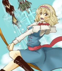 Rule 34 | 3girls, :d, alice margatroid, bad id, bad twitter id, black footwear, black hat, black skirt, blonde hair, blouse, blue eyes, blue skirt, blue sky, boots, breasts, broom, broom riding, capelet, cloud, cloudy sky, cowboy shot, cross-laced footwear, day, eyebrows, flying, frilled capelet, frills, from behind, hair between eyes, hairband, hat, holding, holding broom, jetpack, kawashiro nitori, kirisame marisa, knee boots, knee up, long sleeves, looking at viewer, medium breasts, midair, multiple girls, neck ribbon, open mouth, ribbon, riding, sash, shirt, short hair, skirt, skirt set, sky, smile, star (symbol), teeth, thrusters, tikano, touhou, two side up, witch, witch hat