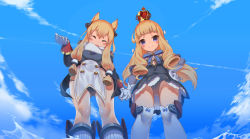 Rule 34 | 2girls, :d, ^ ^, absurdres, azur lane, black panties, blonde hair, blush, bow, breasts, clenched hand, closed eyes, closed mouth, cloud, covered navel, crown, day, detached sleeves, dress, epaulettes, closed eyes, from below, haapi jang p, hair bow, hand on own hip, highres, holding hands, long hair, long sleeves, looking at viewer, mini crown, multiple girls, open mouth, outdoors, over-kneehighs, panties, pantyshot, purple eyes, queen elizabeth (azur lane), scarf, sky, small breasts, smile, standing, thighhighs, underwear, upskirt, very long hair, warspite (azur lane), water, white bow, white legwear, white scarf