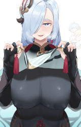 Rule 34 | 2boys, 2girls, aether (genshin impact), ahoge, black bodysuit, black gloves, blue eyes, blue hair, bodysuit, breast curtain, breast curtain lift, breasts, chongyun (genshin impact), covered erect nipples, genshin impact, gloves, hair over one eye, highres, large breasts, lifting own clothes, long hair, looking at viewer, multiple boys, multiple girls, okpriko, open mouth, paimon (genshin impact), shenhe (genshin impact), simple background, smile, solo focus, steaming body, teeth, upper body, upper teeth only, white background