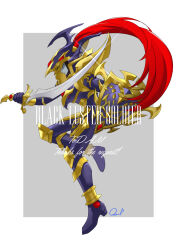 Rule 34 | 1boy, armor, black luster soldier, blue sky, character name, commission, commissioner name, duel monster, full armor, full body, helmet, holding, holding shield, holding sword, holding weapon, knee pads, male focus, plume, quo (haizaraq), red eyes, shield, shoulder spikes, signature, sky, solo, spikes, sword, weapon, yu-gi-oh!