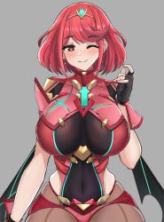 Rule 34 | 1girl, absurdres, black gloves, bob cut, breasts, chest jewel, desspie, earrings, fingerless gloves, gloves, heart, heart-shaped pupils, highres, jewelry, large breasts, pantyhose, pantyhose under shorts, pyra (xenoblade), red eyes, red hair, red shorts, red thighhighs, short hair, short shorts, shorts, solo, swept bangs, symbol-shaped pupils, thighhighs, tiara, xenoblade chronicles (series), xenoblade chronicles 2