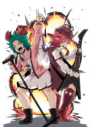 Rule 34 | 2girls, animal ears, bird ears, black footwear, brown dress, brown footwear, brown headwear, choujuu gigaku, closed mouth, commentary, dog ears, dress, electric guitar, explosion, green hair, guitar, highres, holding, holding microphone, instrument, kasodani kyouko, long sleeves, looking at another, microphone, microphone stand, multiple girls, mystia lorelei, open mouth, pink eyes, pink hair, sakamoto fred, simple background, skirt, touhou, white background, white skirt, winged hat