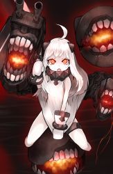 Rule 34 | 10s, 1girl, abyssal ship, dress, ganesagi, kantai collection, long hair, mittens, northern ocean princess, open mouth, pale skin, red eyes, solo, white dress, white hair