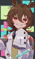 Rule 34 | 1girl, agnes tachyon (umamusume), ahoge, animal ears, bags under eyes, brown hair, character name, coat, grin, hair between eyes, horse ears, horse girl, jamir, lab coat, long sleeves, looking at viewer, multicolored hair, open clothes, open coat, red eyes, red hair, simple background, sleeves past fingers, sleeves past wrists, smile, solo, sweater vest, test tube, umamusume, upper body, white coat, yellow sweater vest