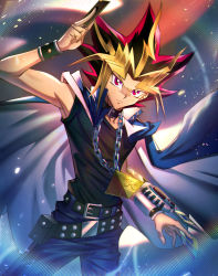 Rule 34 | 1boy, absurdres, belt, belt buckle, belt pouch, black hair, black shirt, blonde hair, blue pants, buckle, cape, card, chain, chain necklace, closed mouth, duel disk, highres, holding, holding card, jewelry, male focus, millennium puzzle, multicolored shirt, necklace, pants, pink hair, pouch, serious, shirt, sleeveless, sleeveless shirt, solo, y.m, yami yugi, yu-gi-oh!, yu-gi-oh! duel monsters
