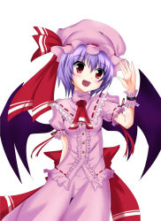 Rule 34 | 1girl, bad id, bad pixiv id, bat wings, fang, female focus, hat, light purple hair, red eyes, remilia scarlet, shirokuma a, simple background, skirt, solo, touhou, white background, wings, wrist cuffs