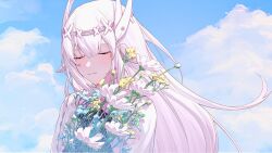 Rule 34 | 1girl, animal ears, blue sky, blush, bouquet, bow, bowtie, center-flap bangs, chinese commentary, closed eyes, cloud, commentary, cosmos (flower), fake animal ears, flower, flower request, goat ears, hair ornament, headgear, highres, holding, holding bouquet, liv: eclipse (tiara) (punishing: gray raven), liv (punishing: gray raven), long hair, official alternate costume, pink bow, pink bowtie, pink hair, pink shirt, portrait, punishing: gray raven, shirt, sky, solo, tiara, x hair ornament, zhou huan (dgpe2833)