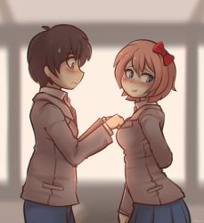 Rule 34 | 1boy, 1girl, arm behind back, artist name, bad id, bad tumblr id, blue eyes, blurry, blurry background, blush, bow, brown hair, buttoning, commentary, doki doki literature club, embarrassed, english commentary, hair between eyes, hair bow, highres, looking away, piesarts, pink hair, profile, protagonist (doki doki literature club), red bow, sayori (doki doki literature club), school uniform, short hair, smile, sweatdrop, yellow eyes