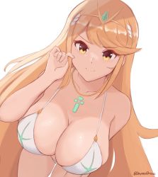 Rule 34 | 1girl, absurdres, artist name, bikini, blonde hair, breasts, cleavage, dayman, daymandraws, female focus, gem, hair ornament, headpiece, highres, jewelry, large breasts, leaning forward, legs, long hair, looking at viewer, mythra (xenoblade), nintendo, shiny skin, simple background, smile, solo, source request, swimsuit, thighs, tiara, white background, white bikini, xenoblade chronicles (series), xenoblade chronicles 2, yellow eyes