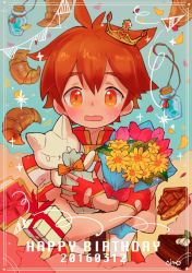 Rule 34 | 1boy, 2016, ahoge, bad id, bad pixiv id, blush, bouquet, brown hair, cake, croissant, crown, dated, eyebrows, fingerless gloves, flower, food, forked eyebrows, gift, gloves, happy birthday, male focus, open mouth, pie, pop-up story, selim spark, solo, stuffed animal, stuffed cat, stuffed toy, tomo10, wavy mouth