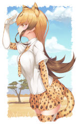 Rule 34 | 10s, 1girl, :|, absurdres, animal ears, animal print, arm at side, bad id, bad pixiv id, between breasts, blonde hair, blue sky, blush, border, breasts, brown eyes, brown hair, cheetah (kemono friends), cheetah ears, cheetah tail, closed mouth, cloud, collar, collared shirt, colored eyelashes, commentary, cowboy shot, day, expressionless, eyelashes, from side, gloves, gradient hair, gradient sky, hand on own forehead, highres, kemono friends, large breasts, long hair, looking afar, looking away, mountain, multicolored eyes, multicolored hair, necktie, necktie between breasts, neko7, outdoors, outside border, pleated skirt, print thighhighs, profile, savannah, shirt, sidelocks, skindentation, skirt, sky, solo, tail, thighhighs, tree, tsurime, two-tone hair, white border, white shirt, wing collar, yellow eyes, zettai ryouiki