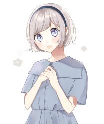 Rule 34 | 1girl, :d, absurdres, bad id, bad pixiv id, black hairband, blue eyes, blush, collared dress, commentary, dress, earrings, grey dress, grey hair, hachimitsu honey, hairband, hands up, highres, jewelry, looking at viewer, open mouth, original, own hands together, pleated dress, short hair, short sleeves, simple background, smile, solo, stud earrings, symbol-only commentary, upper body, white background