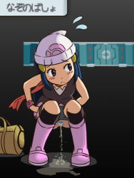 Rule 34 | 1girl, bag, beanie, black background, black panties, black shirt, black socks, blue eyes, blue hair, blush, boots, censored, closed mouth, creatures (company), dawn (pokemon), door, duffel bag, female focus, flat chest, flying sweatdrops, full body, game freak, gameplay mechanics, gen 4 pokemon, hair ornament, hairclip, hat, highres, japanese text, knee boots, kneehighs, kusashige, long hair, looking back, looking to the side, miniskirt, nintendo, novelty censor, panties, panty pull, peeing, pink footwear, pink skirt, piplup, poke ball symbol, poke ball theme, pokemon, pokemon (creature), pokemon dppt, puddle, pussy, red scarf, scarf, shirt, simple background, skirt, sleeveless, sleeveless shirt, socks, solo, squatting, translated, underwear, watch, white hat, wristwatch