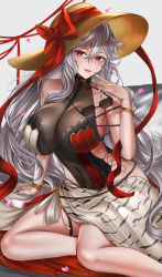Rule 34 | 1girl, absurdres, bangle, bare shoulders, bed sheet, black nails, black one-piece swimsuit, bow, bracelet, breasts, brown hat, casual one-piece swimsuit, cleavage, collarbone, fingernails, granblue fantasy, grey hair, hair between eyes, hat, hat bow, highres, holding, holding removed eyewear, impossible clothes, impossible swimsuit, jewelry, large breasts, lipstick, long fingernails, long hair, looking at viewer, magisa (granblue fantasy), makeup, nail polish, on bed, one-piece swimsuit, parted lips, petals, pillow, purple eyes, red bow, red nails, sarong, see-through, see-through cleavage, simple background, sitting, smile, solo, sun hat, sunglasses, swimsuit, thigh strap, unworn eyewear, very long hair, white background, yokozuwari, ytoy