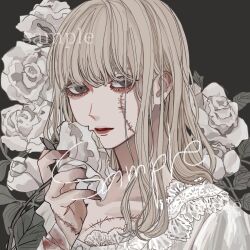 Rule 34 | 1girl, bandaged arm, bandages, blonde hair, closed mouth, commission, dress, flower, grey background, grey eyes, hand up, holding, holding flower, kagoya1219, long bangs, long hair, looking at viewer, original, portrait, rose, sample watermark, smelling, smelling flower, solo, stitched face, stitched hand, stitches, watermark, white dress, white flower, white rose, white theme