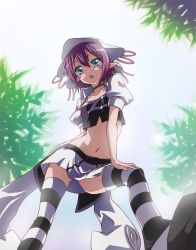 Rule 34 | 1girl, :o, choker, female focus, from below, green eyes, hat, merry nightmare, midriff, nature, navel, outdoors, plant, pointy ears, purple hair, ribbon, short hair, skirt, sky, solo, striped clothes, striped thighhighs, tatami (loop), thighhighs, yumekui merry