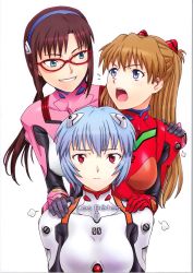 Rule 34 | 3girls, artist request, ayanami rei, blue eyes, blue hair, bodysuit, breasts, brown hair, glasses, highres, long hair, looking at another, looking at viewer, low twintails, makinami mari illustrious, multiple girls, neon genesis evangelion, plugsuit, rebuild of evangelion, red eyes, scan, shiny clothes, short hair, smile, souryuu asuka langley, twintails, two side up, upper body, white background