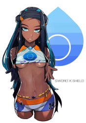 Rule 34 | 1girl, aqua eyes, armlet, belly chain, bike shorts, bikini, black hair, breasts, clothes tug, commentary, copyright name, creatures (company), dark-skinned female, dark skin, earrings, eyelashes, eyeshadow, fumetsu, game freak, gloves, gym leader, hair bun, hoop earrings, jewelry, lifting own clothes, long hair, looking at viewer, makeup, multicolored hair, navel, necklace, nessa (pokemon), nintendo, parted lips, pink eyeshadow, pokemon, pokemon swsh, shiny skin, short shorts, shorts, sidelocks, simple background, single glove, single hair bun, small breasts, smile, solo, stomach, swimsuit, tankini, teasing, two-tone hair, underboob, very long hair, white background