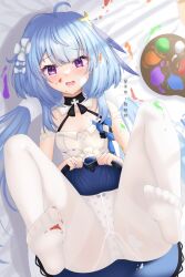 Rule 34 | 1girl, absurdres, ahoge, artist name, ass, bare shoulders, bed sheet, blue hair, blue skirt, bow, bow panties, breasts, clothes lift, commentary request, feet, griseo, griseo (starry impression), hair bow, highres, honkai (series), honkai impact 3rd, knees up, legs, lifting own clothes, long hair, looking at viewer, lying, no shoes, on back, open mouth, paint on body, paint on clothes, paint splatter, paint splatter on face, palette (object), panties, panties under pantyhose, pantyhose, polka dot, polka dot panties, purple eyes, skirt, skirt lift, small breasts, soles, solo, toes, underwear, very long hair, watermark, white bow, white panties, white pantyhose, yzo.kun