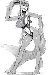 Rule 34 | 1girl, breasts, covered erect nipples, gills, goggles, greyscale, highres, large breasts, long hair, midriff, monochrome, monster girl, nakamura regura, open mouth, original, pointy ears, shark fin, shark girl, sharp teeth, sideboob, solo, swimsuit, tail, teeth