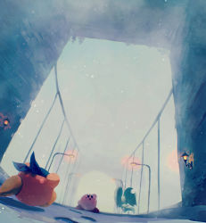 Rule 34 | absurdres, bandana, blurry, bridge, cold, elfilin, flying, fog, highres, kirby, kirby (series), kirby and the forgotten land, light, looking up, nintendo, open mouth, snow, snowflakes, snowing, surprised, suyasuyabi, waddle dee, walking