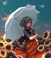 Rule 34 | 1girl, ascot, buttons, closed mouth, cloud, collared shirt, commentary, cowboy shot, day, eyebrows hidden by hair, field, flower, flower field, furahata gen, green hair, highres, holding, holding umbrella, kazami yuuka, light smile, looking at viewer, petals, plaid, plaid skirt, plaid vest, red eyes, red skirt, red vest, shirt, short hair, signature, skirt, skirt set, sky, sleeve cuffs, solo, standing, sunflower, sunflower field, touhou, umbrella, vest, white shirt, white umbrella, yellow ascot, yellow flower
