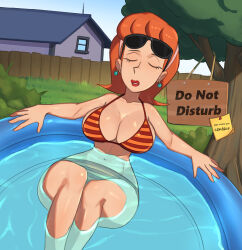 Rule 34 | 1girl, barleyshake, bikini, blue sky, breasts, bush, closed eyes, curvy, earrings, feet out of frame, grass, hairband, house, jewelry, large breasts, linda flynn-fletcher, navel, orange hair, partially submerged, phineas and ferb, pool, sign, sky, striped bikini, striped clothes, sunglasses, swimsuit, tree, wide hips