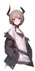 Rule 34 | 1girl, absurdres, arknights, beudelb, black collar, black jacket, black skirt, black tank top, blush, broken horn, brown hair, collar, cropped torso, flat chest, hands in pockets, highres, horns, infection monitor (arknights), jacket, looking at viewer, material growth, off shoulder, open clothes, open jacket, oripathy lesion (arknights), pleated skirt, red eyes, short hair, simple background, skirt, solo, sweater, tank top, vulcan (arknights), white background, white sweater