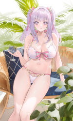 Rule 34 | 1girl, alternate costume, alternate hairstyle, arm support, azur lane, bare arms, bare legs, bare shoulders, bikini, bow, breasts, chair, cirilla lin, cleavage, cup, drink, feet out of frame, food, front-tie bikini top, front-tie top, fruit, hair ornament, hair ribbon, halterneck, highres, holding, holding cup, holding drink, large breasts, leaf, lemon, lemon slice, long hair, looking at viewer, navel, official alternate costume, parted lips, pink bow, pink ribbon, plant, plymouth (azur lane), plymouth (heart-throbbing refreshment) (azur lane), purple eyes, purple hair, ribbon, sidelocks, sitting, skindentation, smile, solo, star (symbol), star hair ornament, stomach, string bikini, swimsuit, thighs, twintails, white bikini