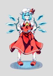 Rule 34 | 1girl, ascot, bad id, bad pixiv id, blonde hair, blue eyes, blue hair, bow, cirno, cosplay, flandre scarlet, flandre scarlet (cosplay), grin, hair between eyes, hands on own hips, hat, hat ribbon, highres, ice, ice wings, matching hair/eyes, mob cap, ribbon, short hair, smile, socks, solo, tell (teruhisa428), touhou, white socks, wings, yellow ascot