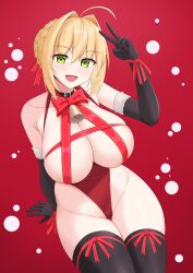 Rule 34 | 1girl, absurdres, ahoge, bell, black gloves, black thighhighs, blonde hair, blush, braid, breasts, elbow gloves, fate/extra, fate/grand order, fate (series), french braid, gloves, green eyes, hair bun, hair intakes, hair ribbon, highleg, highleg swimsuit, highres, jingle bell, large breasts, liu han, long hair, looking at viewer, nero claudius (fate), nero claudius (fate) (all), nero claudius (fate/extra), one-piece swimsuit, open mouth, red one-piece swimsuit, red ribbon, revision, ribbon, smile, solo, swimsuit, thighhighs, v