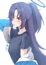 Rule 34 | 1girl, absurdres, black shirt, blue archive, blue jacket, blush, breasts, facepaint, half updo, halo, highres, jacket, jacket partially removed, lanyard, looking at viewer, medium breasts, official alternate costume, ponytail, purple eyes, purple hair, rei (ilust9999), shirt, simple background, solo, star (symbol), track jacket, upper body, white background, yuuka (blue archive), yuuka (track) (blue archive)